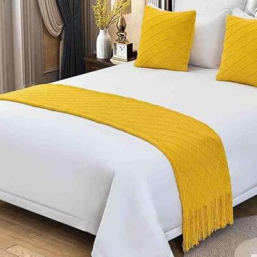 Imagem de Cachecol para cama de hotel, cor sólida, tecido de malha, lençol, sofá, cobertor decorativo, moderno, sem desbotamento, protetor de cama para cama de solteiro queen size - amarelo||60 x 260 cm para