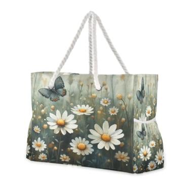 Imagem de ATTX Aquarela Prado Margaridas Bolsas de Praia para Mulheres - Bolsas de Praia Grandes com Zíper Impermeável À Prova de Areia Saco de Piscina Bolsa Grande #296