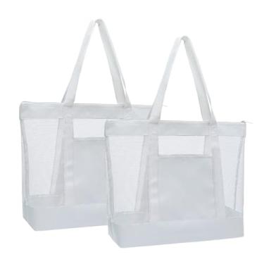 Imagem de hsmyank Pacote com 2 sacolas de malha leve, bolsas de praia à prova de areia com zíper e bolso duplo para compras, piscina, viagens, toalhas, Prateado, cinza, Large