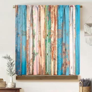 Imagem de Yoakiet Cortinas blecaute de tábuas de madeira azul, cabine rústica, retrô, pranchas, estampa de casa de fazenda, bolso para varão, tratamentos de janela, cortinas para quarto, sala de estar, cozinha
