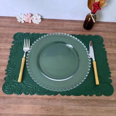 Imagem de Jogo Americano Couro Ecológico Impermeável Retangular Mesa Posta Sousplat Jantar (4, Verde Escuro)