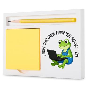 Imagem de Presentes engraçados de escritório para colegas de trabalho, suporte de bloco de notas autoadesivo com design de laptop sapo, espero que este e-mail encontre você antes de fazer, organizador de mesa