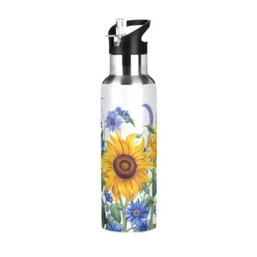 Imagem de Wassud Garrafa de água esportiva de aço inoxidável com canudo garrafas de água com isolamento de palha, copo portátil de girassóis e bluebells de 940 ml