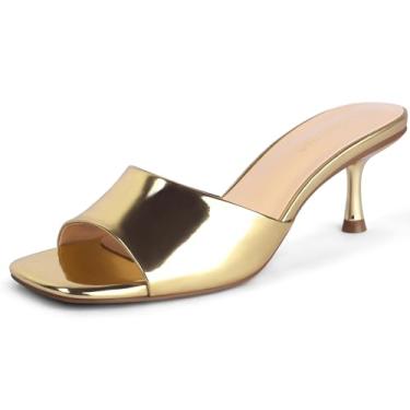 Imagem de Lookyno Sandálias femininas de salto gatinho quadradas, bico aberto, mules, salto agulha de 5 cm, sexy, sem cadarço, para festas casuais, Dourado, 38