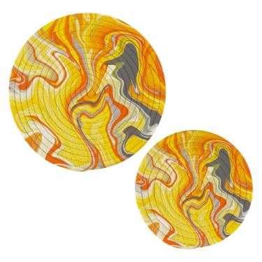 Imagem de Wassud Trivet de redemoinhos amarelos abstratos para pratos quentes suportes de panela redondos de algodão almofadas quentes elegantes porta-copos decoração de cozinha e acessórios 2 peças
