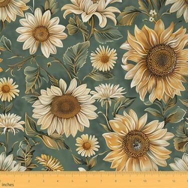 Imagem de Tecido de girassóis por quintal, tecido rústico de estofamento estilo fazenda para cadeiras de sofá, tecidos botânicos florais de jardim para projetos de bricolage em casa, tecidos de costura verde
