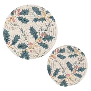 Imagem de Wassud Conjunto de trivet de folhas de azevinho de Natal para pratos quentes, suportes redondos de algodão, almofadas quentes, porta-copos elegantes, decoração de cozinha e acessórios, 2 peças