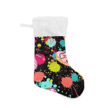 Imagem de xigua Meia de Natal de Donuts Colorida Personalizada Grande Doces Presente Pendurado Meias de Natal Decoração para Festas de Férias em Família Decoração Lareira