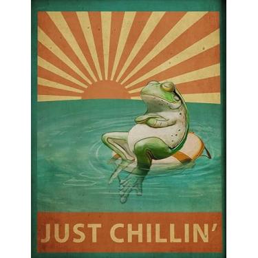 Imagem de Pôster de sapo engraçado vintage sinal de estanho Just Chillin ideia de presente decoração de arte de parede placas de metal antigas engraçadas garagem bar clube homem placa de caverna 8 x 12