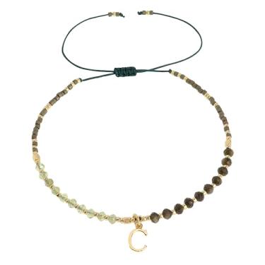 Imagem de Frigotine Pulseiras com inicial de pedra natural com contas douradas para mulheres e adolescentes, boêmio feito à mão verde escuro personalizado contas de pedra turquesa nome da letra pulseira