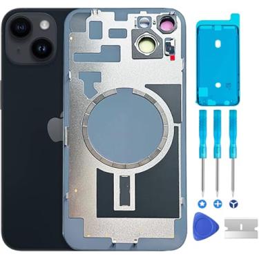 Imagem de ABUSVEX Capa de vidro traseira original para substituição da porta da bateria e fita impermeável, moldura de câmera pré-instalada para iPhone 14, ferramenta de reparo de todas as operadoras 14 (preto)