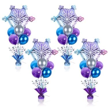 Imagem de 4 conjuntos de centro de mesa de balões de neve para festa de aniversário kit de suporte de balões de neve com balões de floco de neve folha metálica prata para decoração de festa de aniversário de