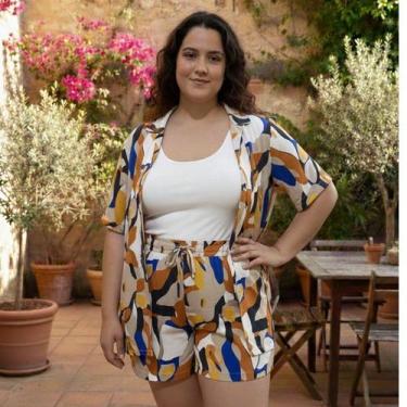 Imagem de Conjunto de Kimono e Shorts Estampado em Viscose Plus Size Cor:VerdeTa