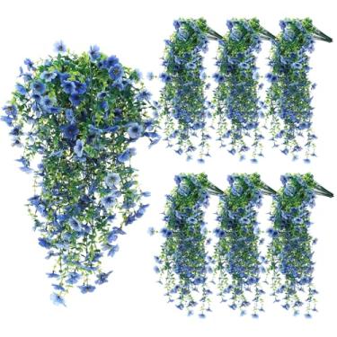 Imagem de FineCheer 6 peças de flores artificiais para pendurar ao ar livre de seda sintética mãe decoração de planta violeta com eucalipto realista resistente a UV trepadeira primavera pátio (azul claro