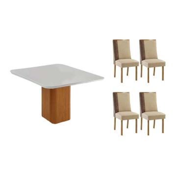 Imagem de Sala Jantar Mesa Maldivas Tampo c/ Vidro Curvo 90cm+4 Cadeiras Tilia Madeira Naturale/Off White - Capuccino/Linho Bege - Rufato
