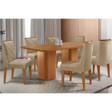 Imagem de Sala Jantar Mesa Maldivas Tampo Curvo 180cm+6 Cadeiras Pietá Madeira Naturale - Capuccino/Linho Bege - Rufato