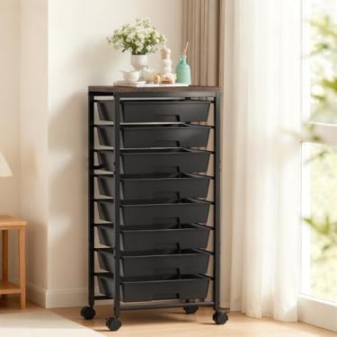 Imagem de Carrinho de rodinhas com 8 gavetas, carrinhos de armazenamento de gaveta de plástico com rodas e mesa de madeira, organizador de carrinho utilitário de metal para quarto, sala de estar, escritório