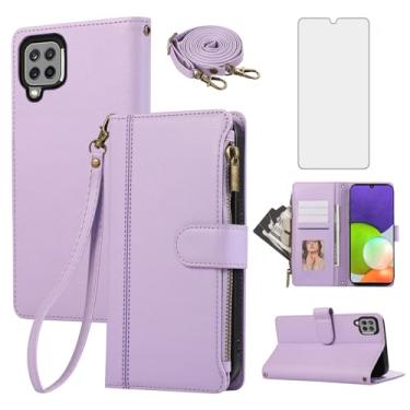 Imagem de Asuwish Capa de celular para Samsung Galaxy A22 4G 6,4 polegadas com zíper carteira celular com protetor de tela de vidro temperado alça transversal suporte para cartão de couro M32 M22 F22 A 22 22A
