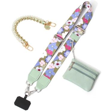 Imagem de RENUIS Alça de telefone com bolsa com zíper, clipe ajustável e alça Go para telefone com carteira transversal (flores de primavera verde)