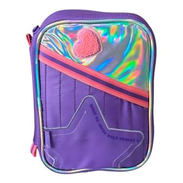 Imagem de Estojo Escolar Holográfico Furta-Cor, Roxo com Coração Rosa, Poliéster, 16x22cm, 2 Compartimentos, Capacidade 20 Lápis