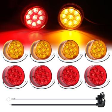 Imagem de TMH Pacote com 8 mini marcadores laterais redondos de 5 cm, 4 âmbar + 4 luzes vermelhas com refletores, luzes de folga de 9 LEDs, trança de arame selada à prova d'água para caminhão de reboque, van e