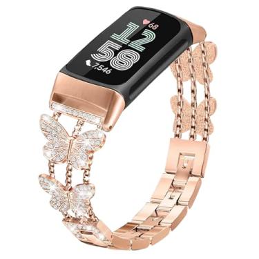 Imagem de Alociaga Pulseira de metal brilhante compatível com Fitbit Charge 6/Charge 5 para mulheres, elegante pulseira de relógio para Fitbit Charge 6, monitor de fitness e saúde