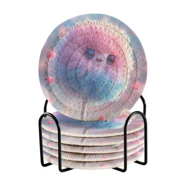 Imagem de Conjunto de 6 porta-copos circulares de algodão doce rosa azul com suporte de armazenamento preto, 10 cm de diâmetro, porta-copos para mesa