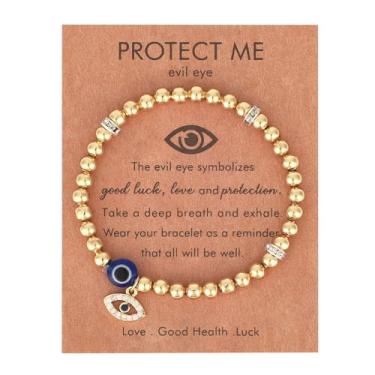 Imagem de Mikovivi Pulseira Olho Grego para Mulher, Pulseira da Sorte com Contas de Olho Grego com Cartão Joia de Proteção para Amiga Aniversário Reforma (Ouro)