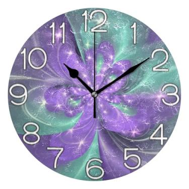 Imagem de GAIGEO Relógio de parede decorativo de flor roxa estética analógico quarto cozinha relógio redondo sem tique-taque silencioso, decoração de parede de casa de fazenda moderna, 25 cm, ponteiros pretos