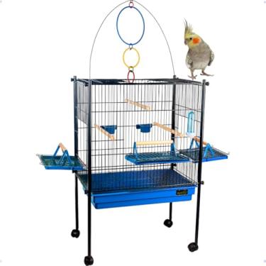 Imagem de Viveiro Grande para Calopsita e Papagaio com Rodinhas, Metal azul e Preto, 132x61x40 cm Bandeja Higiênica, Poleiros e Acessórios Inclusos