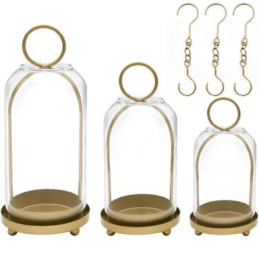 Imagem de Pacote com 3 castiçais de metal com cúpula de vidro, conjunto de castiçais dourados de 14 cm e 11,9 cm e 9,9 cm de largura, castiçais de furacão versáteis para velas de pilar, suportes decorativos de