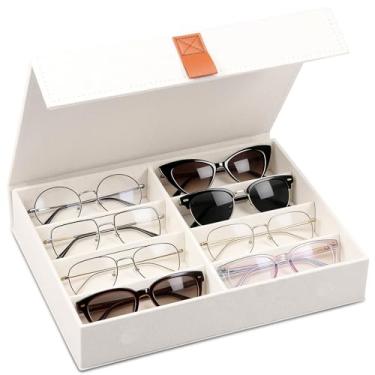 Imagem de HJJWNDDNG Organizador de armazenamento de óculos de sol, 8 pares de porta-óculos, caixa de armazenamento de óculos, suporte de joias com fecho magnético (branco, 8 grades)