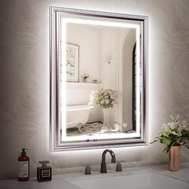 Imagem de ROLOVE Espelho de banheiro de 58 x 89 cm com luzes, moldura rosa dourada macia, espelho de maquiagem iluminado com antiembaçamento, plug-in/hardwired, vidro temperado, espelhos de parede decorativos