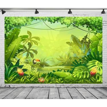 Imagem de CORFOTO Pano de fundo de selva verde, 3 x 2,4 m de tecido, animais selvagens, safári, floresta verde, para decorações de festa de aniversário com tema safári, faixa de festa de zoológico, crianças