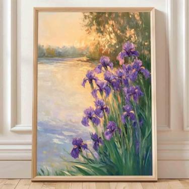Imagem de Mostemauo Arte de parede de flor de íris impressões botânicas roxas arte de parede em tela elegante pintura de flores roxas imagens de cenário do pôr do sol decoração de sala de estar 40,6 x 61 cm sem