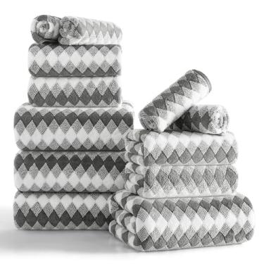 Imagem de Conjunto de 12 toalhas de diamante branco cinza - 4 toalhas de banho, 4 toalhas de mão, 4 toalhas de poliéster macio com laço absorvente toalha de banho toalha de praia de secagem rápida toalhas de