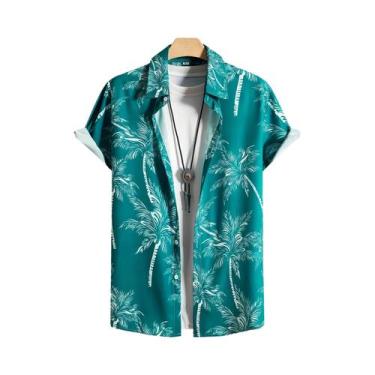 Imagem de Camisa Havaiana Masculina Com Estampa De Palmeira, Manga Curta, Botões