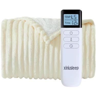 Imagem de XINIUSLEEP Cobertor elétrico aquecido 157 x 213 cm, manta elétrica de lã de ovelha macia com 5 níveis de aquecimento e desligamento automático de 1 a 12 horas, manta aquecida com proteção contra