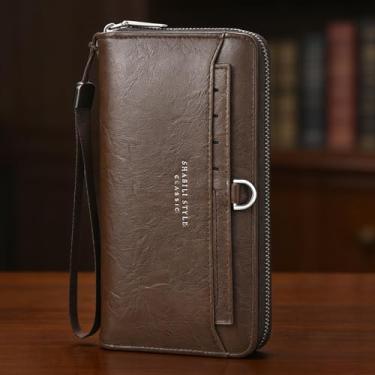 Imagem de Carteira masculina, carteira longa de couro com zíper único e bolso para telefone, recurso seguro e vários compartimentos para cartão de crédito, organizador de grande capacidade (mogno)