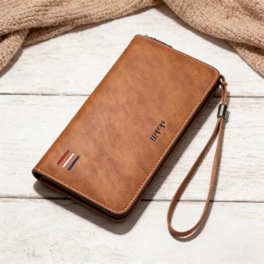 Imagem de Carteira masculina clássica marrom claro compacta com zíper em relevo em couro macio durável, design clássico marrom claro com zíper compacto com padrão em relevo, couro macio, durável