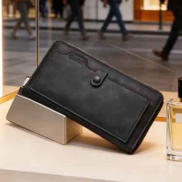 Imagem de Carteira longa masculina moderna, carteira de couro com zíper único com grande capacidade e vários compartimentos para cartão, organizador moderno com bloqueio de RFID para transporte elegante (preto)