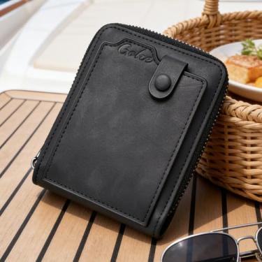 Imagem de Carteira masculina de couro curta com zíper, carteira essencial com zíper (preta)