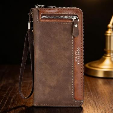 Imagem de Carteira masculina moderna marrom escuro com vários compartimentos, camurça de grão de lichia, resistente à água, design moderno de vários compartimentos com fivela, camurça de grão de lichia