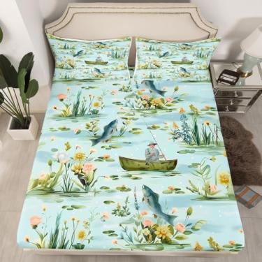 Imagem de Erosebridal Jogo de cama casal de pesca, pescador e peixe, para crianças, meninos, meninas, robalo, rústico, casa do lago, 3 peças, decoração de quarto (sem lençol de cima)