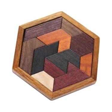 Imagem de Quebra-Cabeça Hexagonal De Madeira Tangram Teste De QI Treinamento Lóg