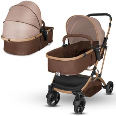 Imagem de Carrinho De Bebê 2 Em 1, Carrinho Bebê PortáTil DobráVel, Cadeira AjustáVel, Cesta De Dormir RemovíVel, Peso MáXimo Suportado 15kg (Marrom)