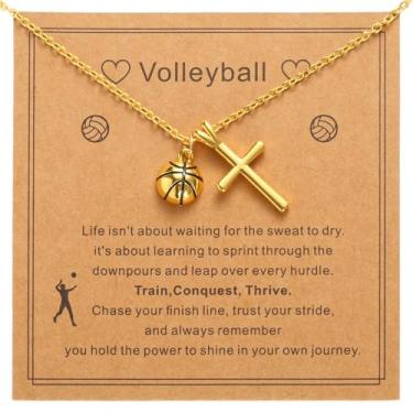 Imagem de Colar Pingente Esportivo Dourado, Colar Pingente Cruz Dourada Joia de Tema Esportivo com Cartão para Presente Aniversário Natal Dia dos Namorados Páscoa Batizado Formatura(Vôlei)
