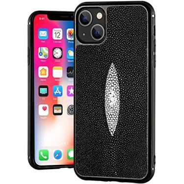 Imagem de MAALYA Luxuosa capa de telefone traseira totalmente embrulhada, para Apple iPhone 14 Plus 6,7 polegadas 2022 capa de couro de peixe pérola com forro de microfibra (Cor: Preto)