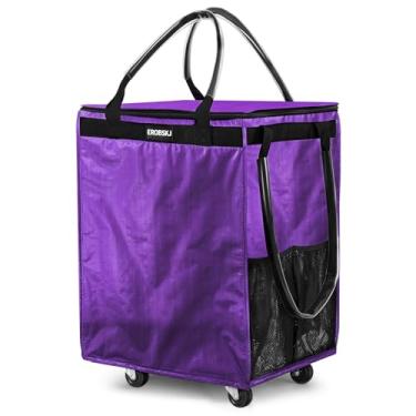 Imagem de (Médio, roxo) Bolsa de compras reutilizável com rodas, sacola dobrável de 70 L, carrega até 30 kg, carrinhos de compras com zíper para viagens, lavanderia, 4 rodas resistentes e 3 alças