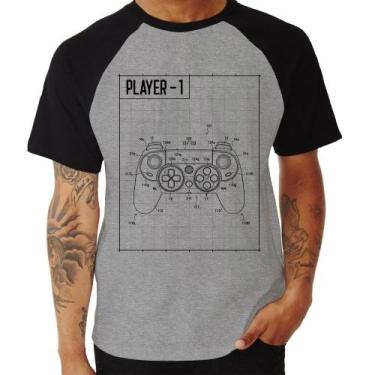 Imagem de Camiseta Raglan Player 1 Controle Joystick - Foca na Moda, Cinza, Pret
